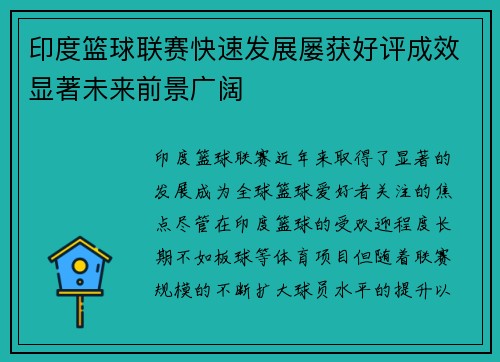 印度篮球联赛快速发展屡获好评成效显著未来前景广阔