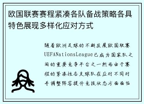 欧国联赛赛程紧凑各队备战策略各具特色展现多样化应对方式