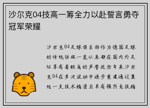 沙尔克04技高一筹全力以赴誓言勇夺冠军荣耀
